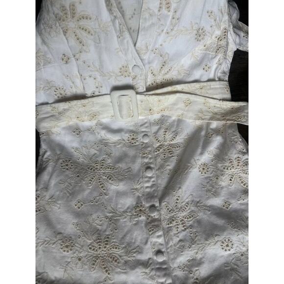 Solitaire Women Denim Dress S White Floral Belted Short Sleeve w/ Pockets - Picture 13 of 16